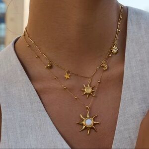Stunning Gold Sunburst with Opal Gemstone Pendant Beaded Dainty Chain Necklace